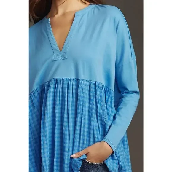 Anthropologie Pilcro Long-Sleeve Y2K preppy Babydoll Blouse top Blue 1X A004779 - Picture 2 of 10